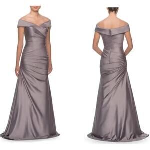 La Femme Gray Satin Ruched Off the Shoulder Trumpet Gown‎